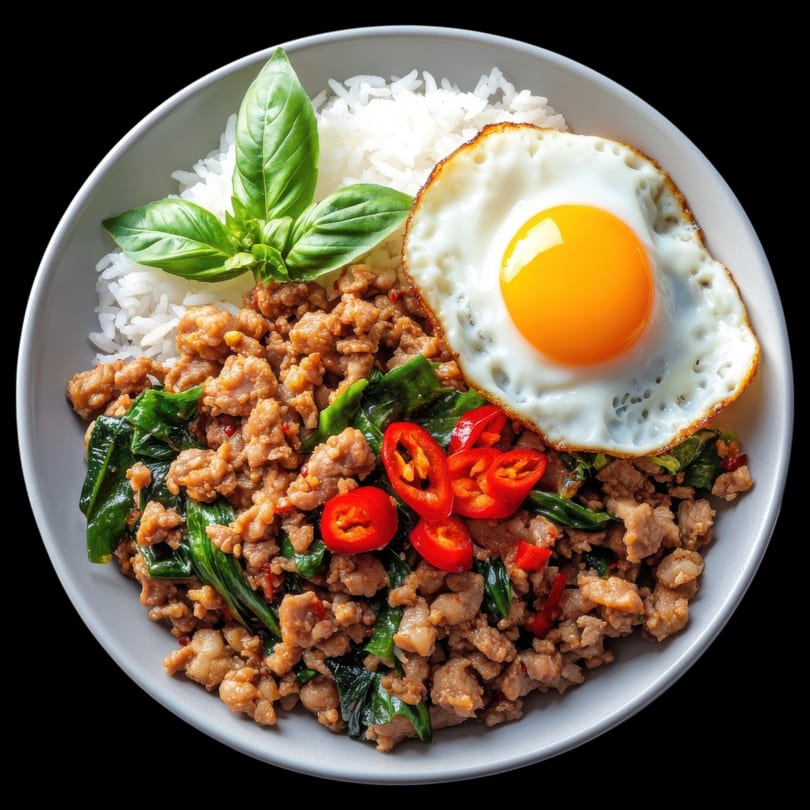 Thai basil chicken with rice, a fried egg, and red chili slices in a bowl.
