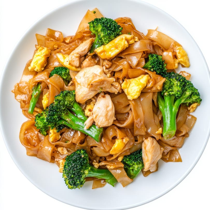Pad See Ew with chicken, broccoli, and scrambled egg on a white plate.