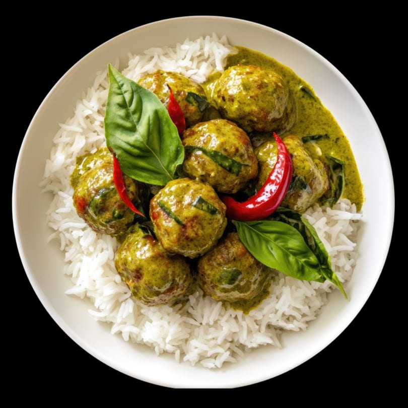 Thai green curry meatballs with white rice, fresh basil, and red chilies in a white bowl.